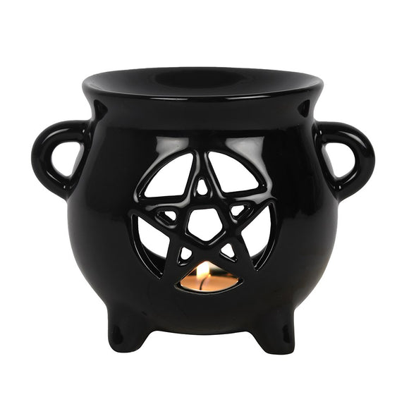 black witch's cauldron shaped oil burner, pentagram wax warmer